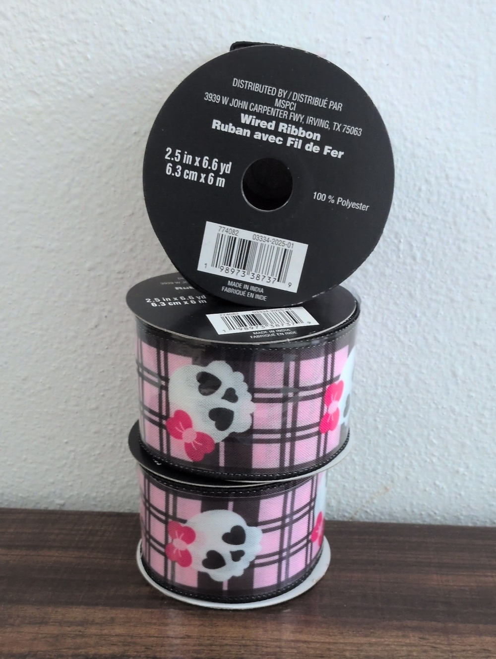 Set Of 3 Wired Ribbon Pink Black Skulls